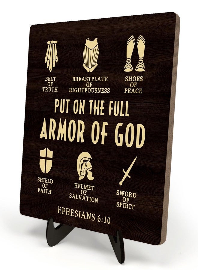 DMADNF Bible Verse Sign, Put on the Full Armor of God Religious Wood Plaque,Christian Sign, Table Art Signs, Wooden Sign Desk Decor, Positive Home Decor Gift for Men,5.9x5.9inch(EPHESIANS 6:10) - Image 1